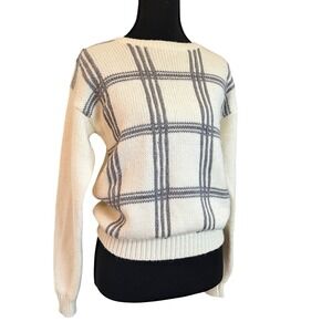 VTG Cream Gray Plaid Windowpane Knit Sweater Women S Long Sleeve Crew Neck Cozy